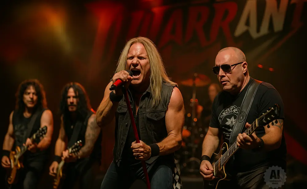 A rock band performing on stage with the lead singer holding a microphone.