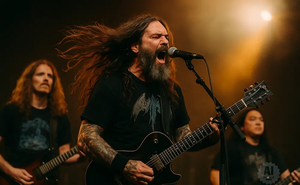 A band plays on stage with the lead singer in focus, hair flying as he sings into a microphone.