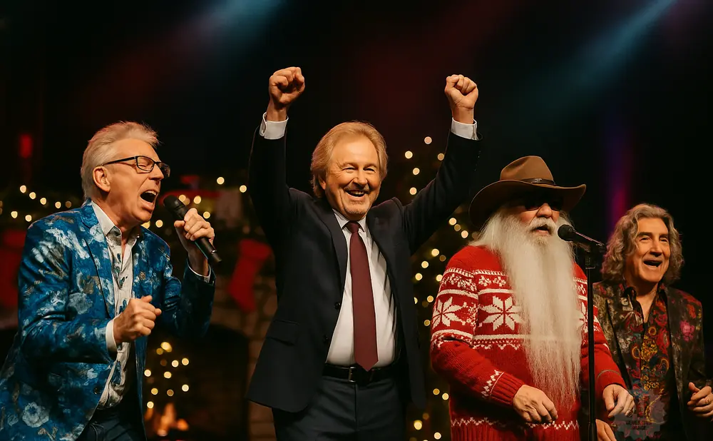 Four men singing on stage, one with a long white beard, festive lights in the background.