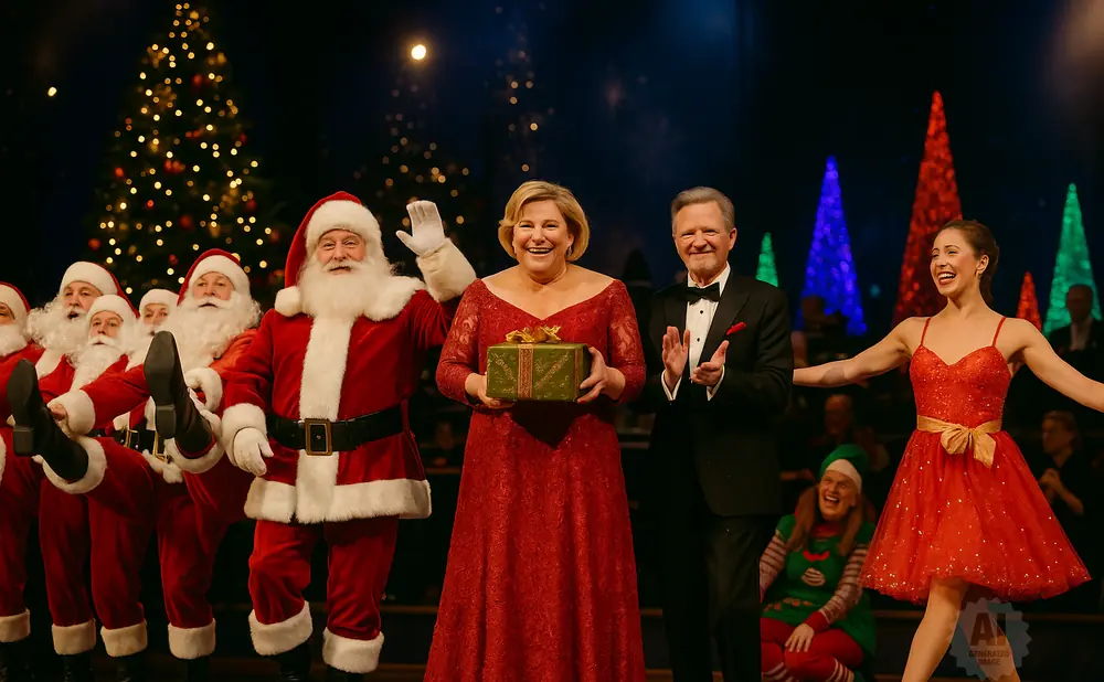 Christmas performers on stage: Santas, singers in red dresses, a man in a tuxedo, and an elf.