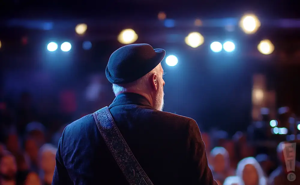 a rear view photo of harry manx performing a concert on stage to a lively audience