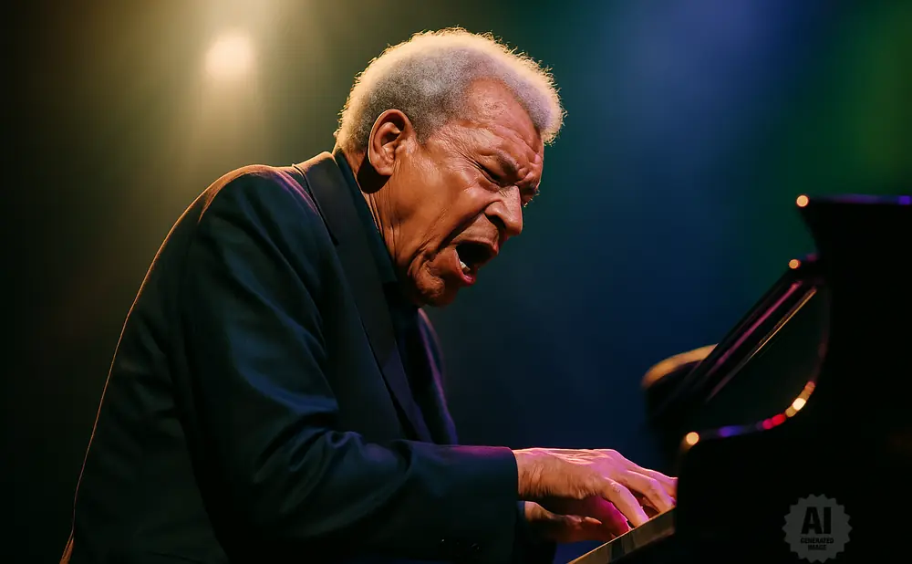 A Black jazz pianist plays with his mouth open, bathed in spotlight and moody stage lighting.