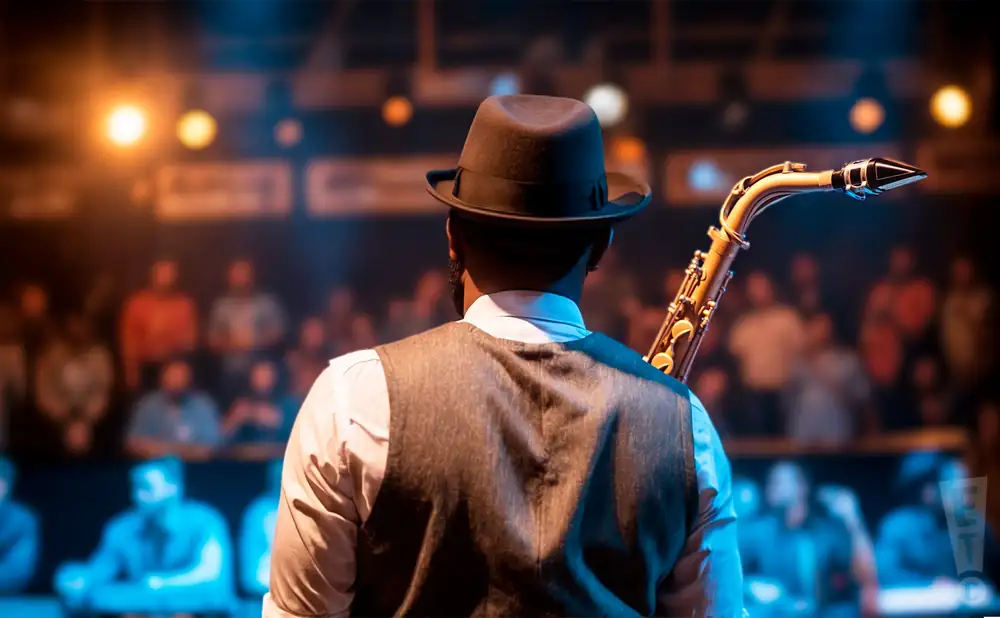 a rear view photo of abstract sounds performing a concert on stage to a lively audience
