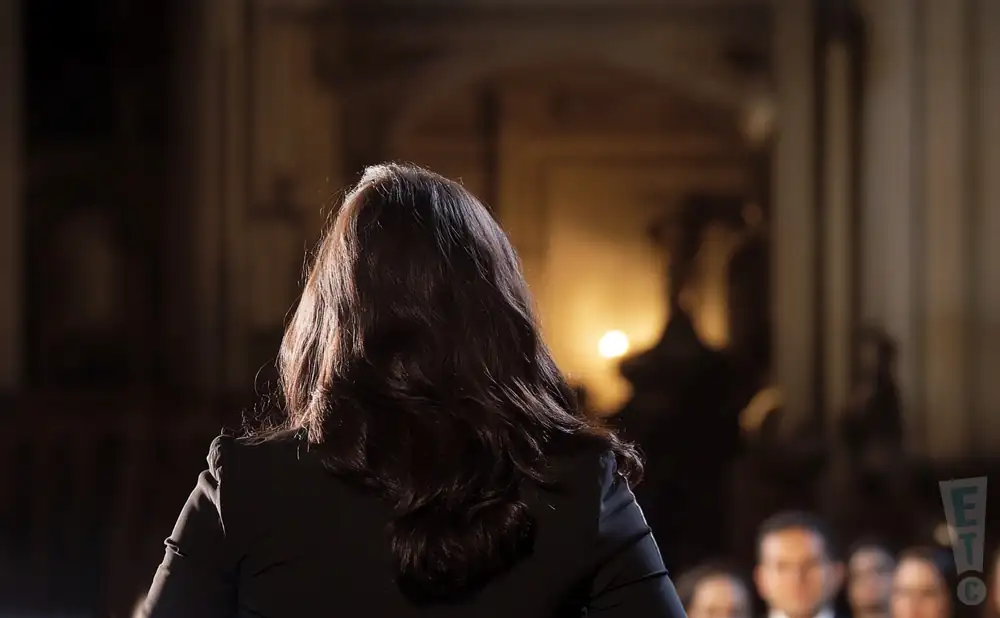 a rear view photo of alexandra arrieche performing a concert on stage to a lively audience