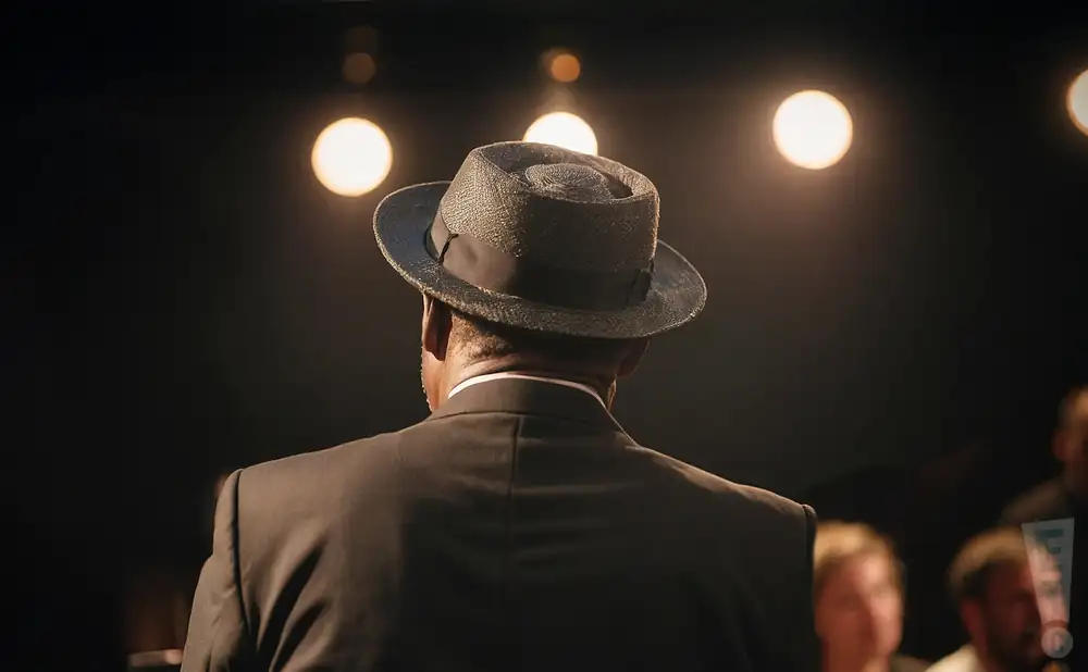 a rear view photo of allan harris performing a concert on stage to a lively audience