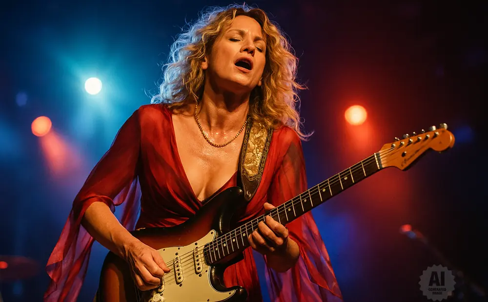 A female guitarist in a red dress plays an electric guitar on a dimly lit stage with blue and red lights.