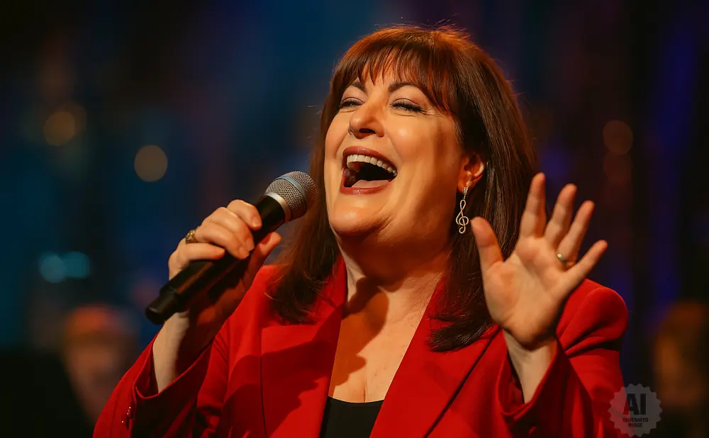 Singer in a red blazer holds a microphone, smiling and raising her hand with a musical note earring.