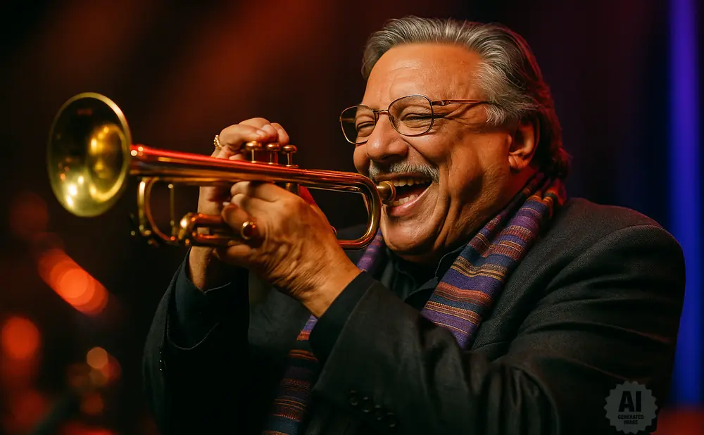 Man with glasses and mustache laughing while playing a trumpet.