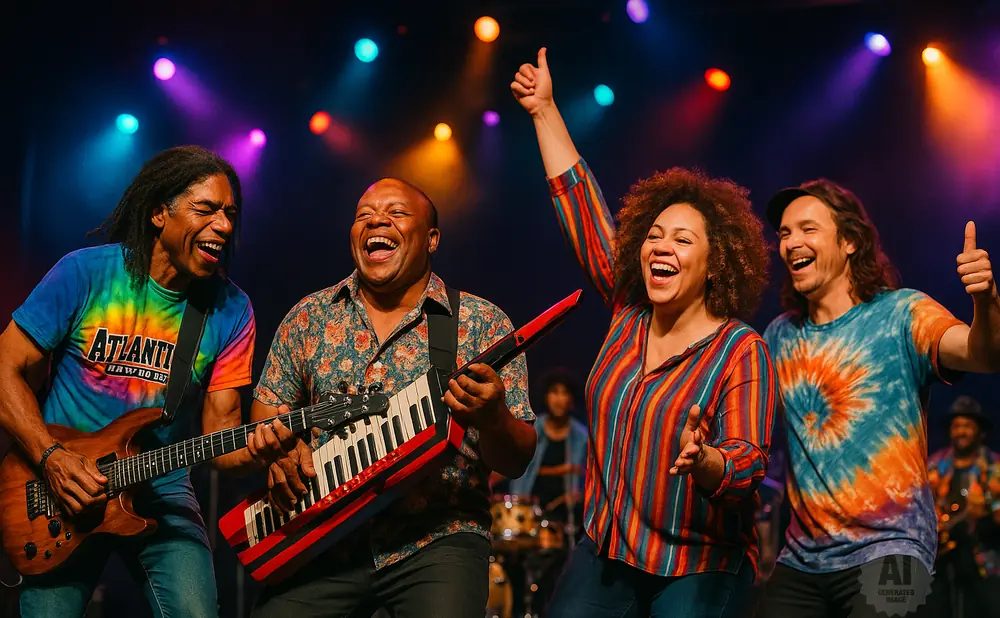 A diverse band performs on stage with colorful lighting, smiling and enjoying the music.