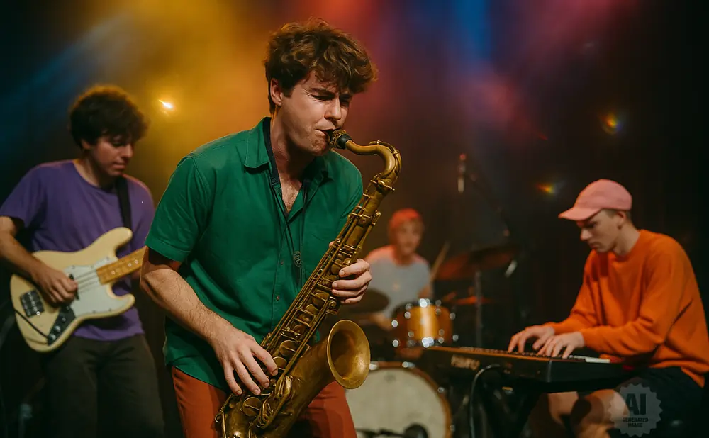 A band plays music on stage with a saxophonist in the foreground.
