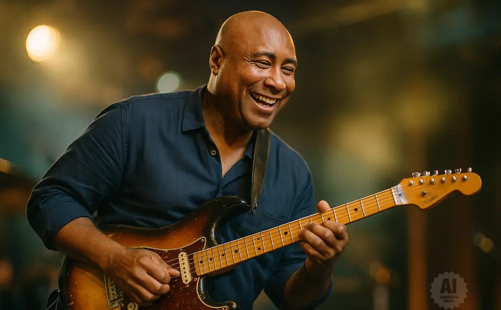 A smiling bald man plays a sunburst electric guitar on a stage.