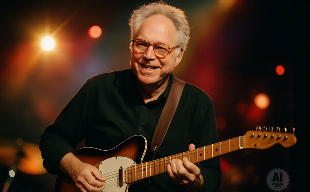 A man with gray hair and glasses smiles while playing a sunburst electric guitar.
