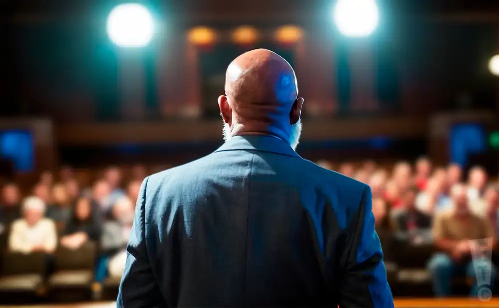 a rear view photo of buff dillard performing a concert on stage to a lively audience