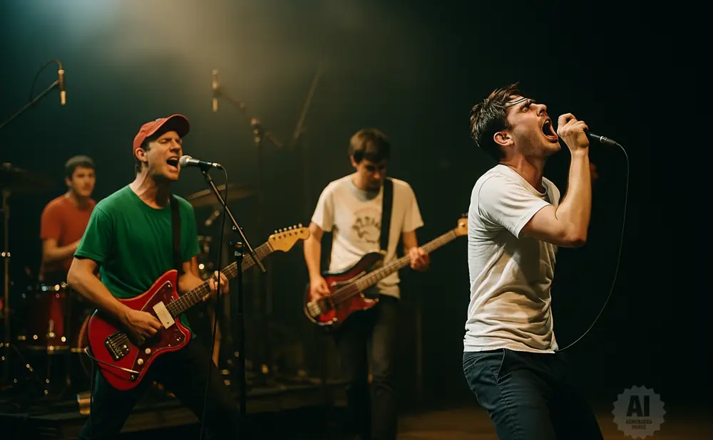 A band performs on stage, with the lead singer belting into a microphone while playing guitar.