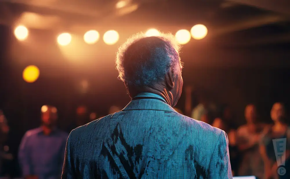 a rear view photo of cecil mcbee performing a concert on stage to a lively audience