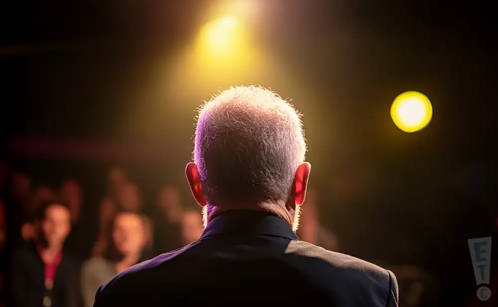 a rear view photo of corky siegel performing a concert on stage to a lively audience