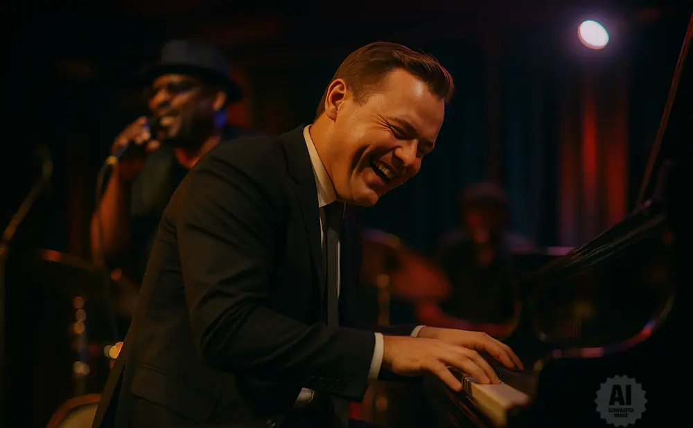 A man in a suit joyfully plays the piano in a dimly lit club.