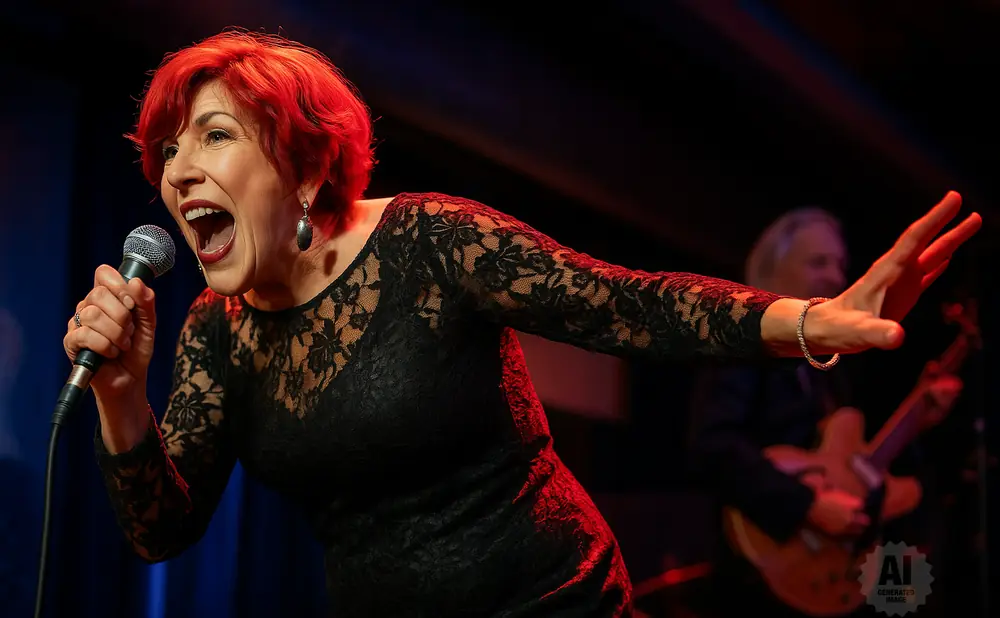 Woman with red hair singing into a microphone, wearing a black lace dress, while a man plays guitar in the background.