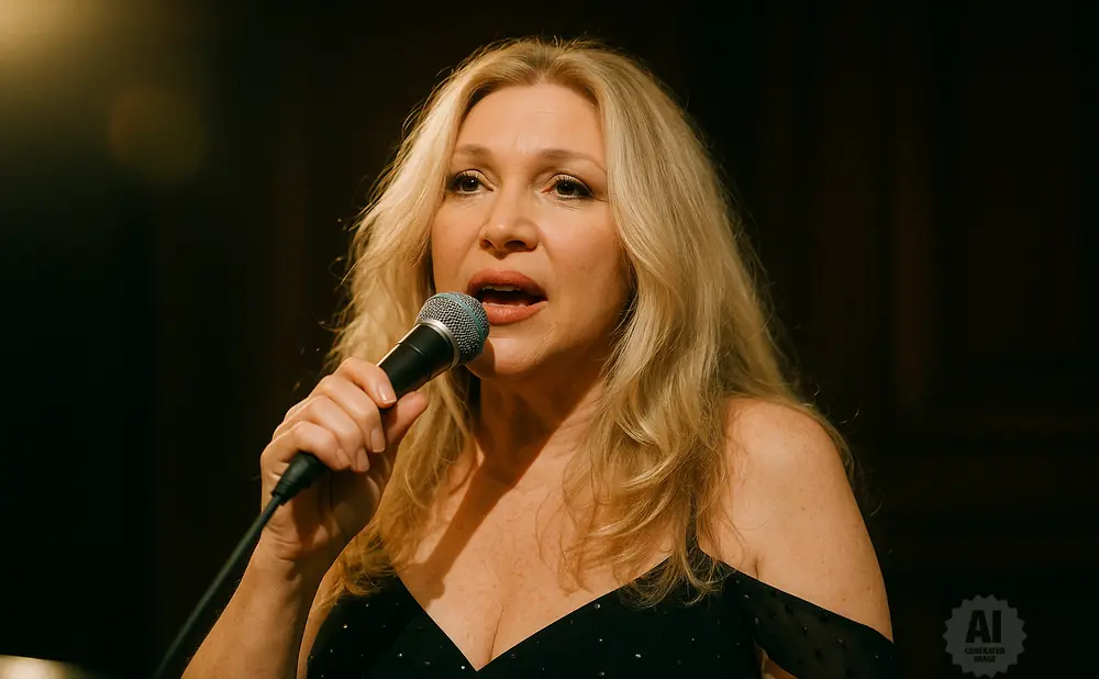 Woman with long blonde hair singing into a microphone on a dimly lit stage.