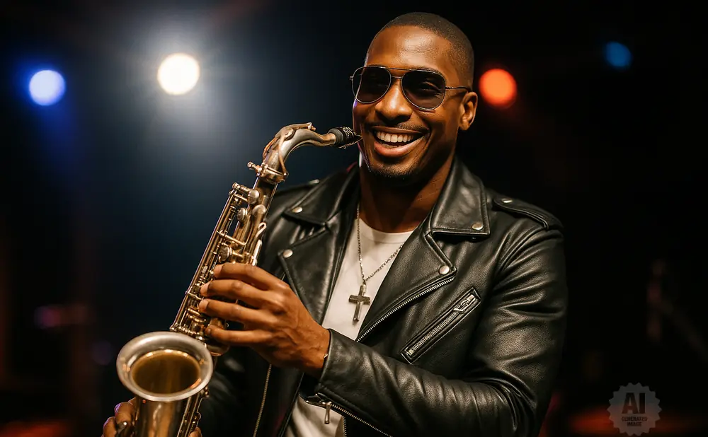 Man in a black leather jacket smiles and plays a saxophone under stage lights.