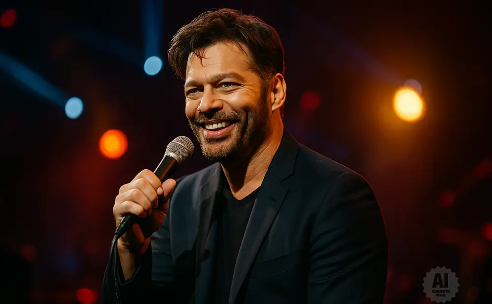 A smiling man in a dark suit holds a microphone on stage with blurred lights behind him.