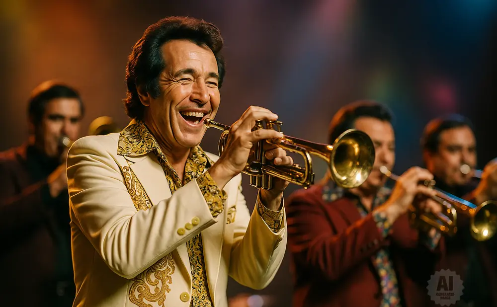 A man in a cream suit and patterned shirt plays a trumpet, smiling. Others play trumpets behind him.