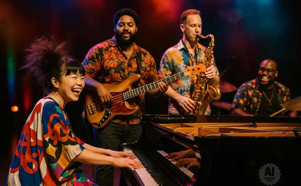 A jazz band performs with a female pianist in front, smiling and playing, while others play bass, saxophone, and drums.