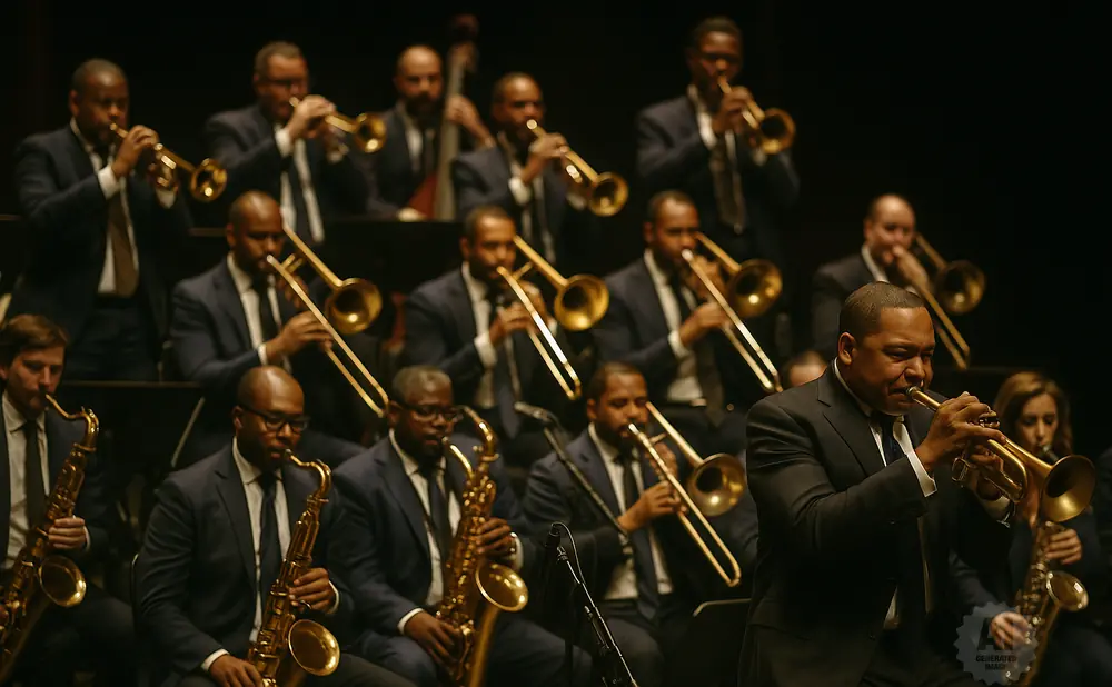 A jazz orchestra plays on stage, with a trumpet player in the foreground.