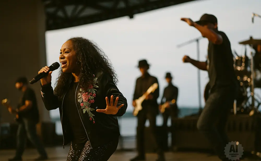 Woman singing into a microphone on stage with a band.