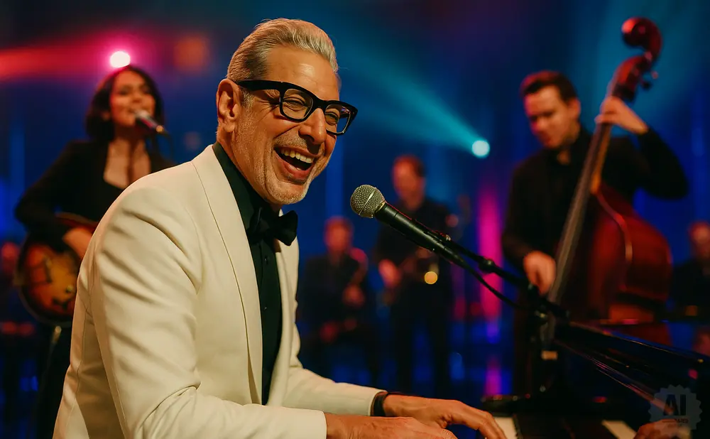 Jeff Goldblum plays piano in a white suit, laughing, with a band performing behind him.