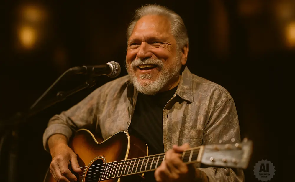 A smiling older man with a grey beard plays an acoustic guitar and sings into a microphone.