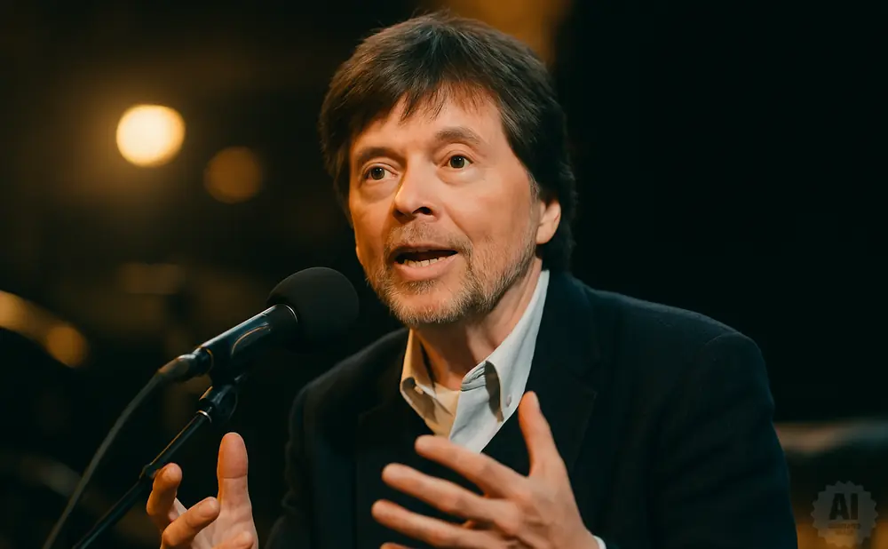 Ken Burns speaking into a microphone at a podium.