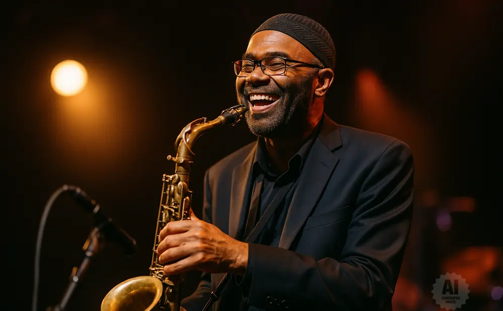 A Black man wearing glasses and a skullcap plays a saxophone on stage, smiling under a spotlight.