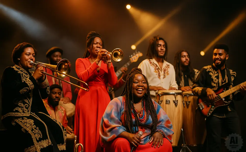 A diverse band plays music together on a dimly lit stage, featuring brass instruments, drums, and a bass guitar.