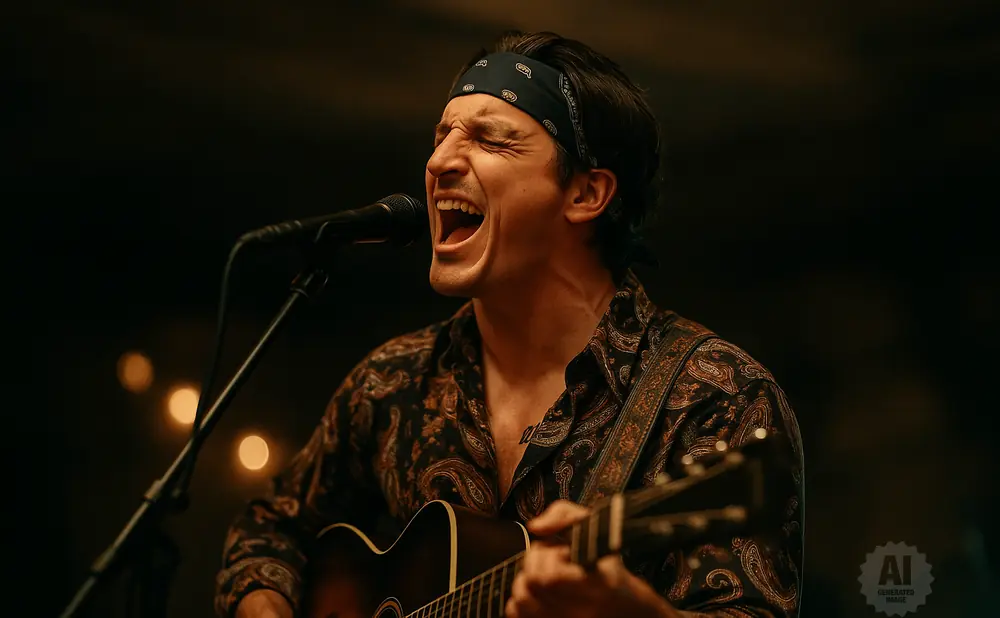 Man singing and playing guitar with eyes closed, wearing a bandana and paisley shirt.