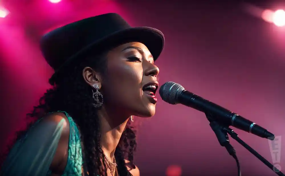 a close up picture of martha redbone performing on stage in front of a microphone