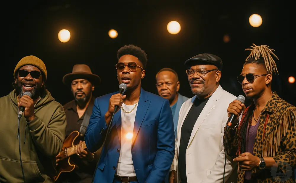 A band of Black men sing into microphones on a dimly lit stage, with lights illuminating from behind them.