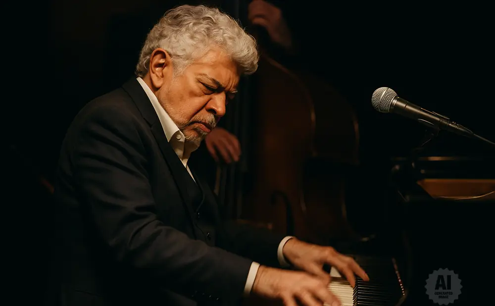 A man with gray hair plays piano with his eyes closed, wearing a suit and tie.