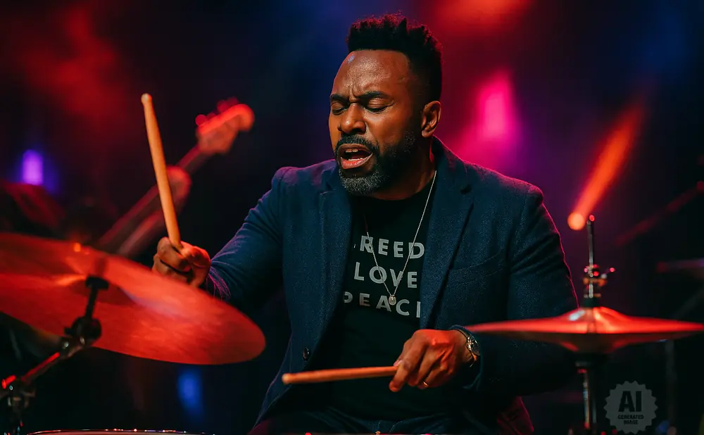 A Black male drummer plays with his eyes closed, holding drumsticks, with red and purple stage lighting.