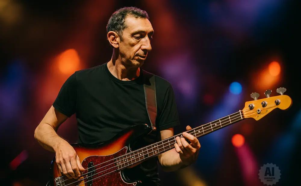 A man in a black t-shirt plays a bass guitar on a dimly lit stage with colorful lights in the background.
