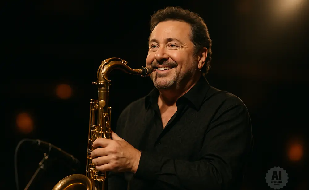 A smiling man plays a saxophone, with a microphone visible in the background.