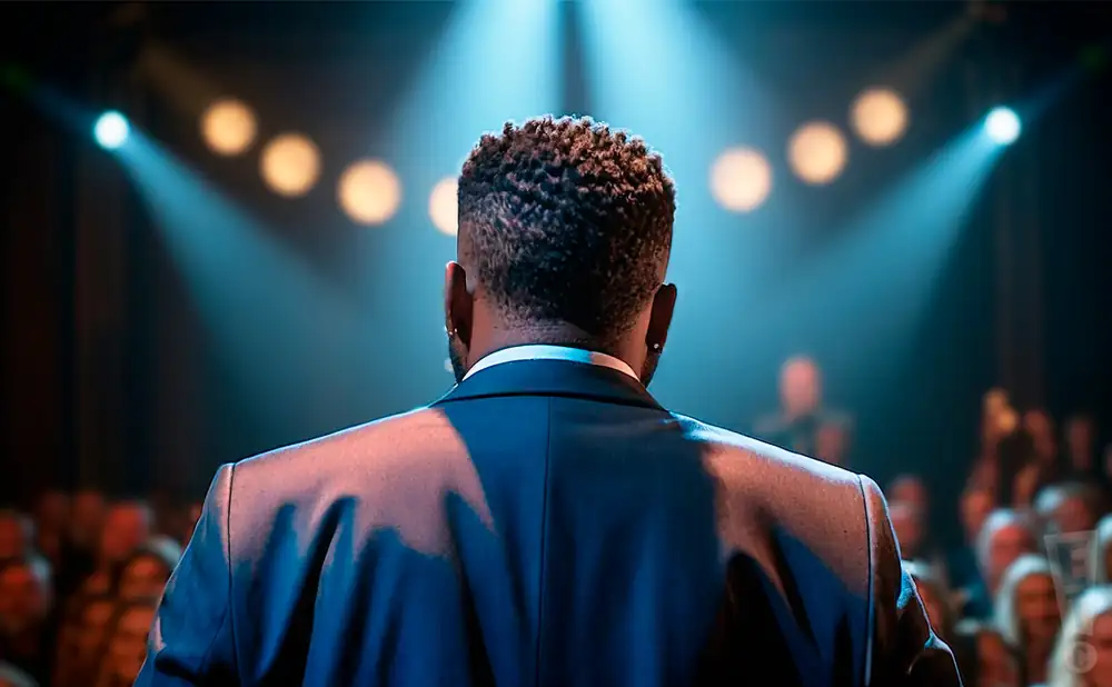 a rear view photo of robert e. person performing a concert on stage to a lively audience