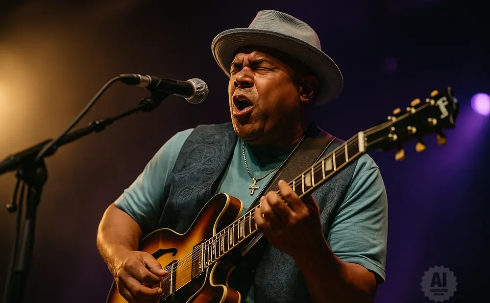 Man in a fedora sings and plays a hollow-body electric guitar on stage.