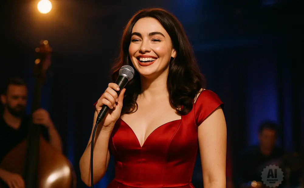 A woman in a red dress sings into a microphone on stage, with musicians blurred in the background.