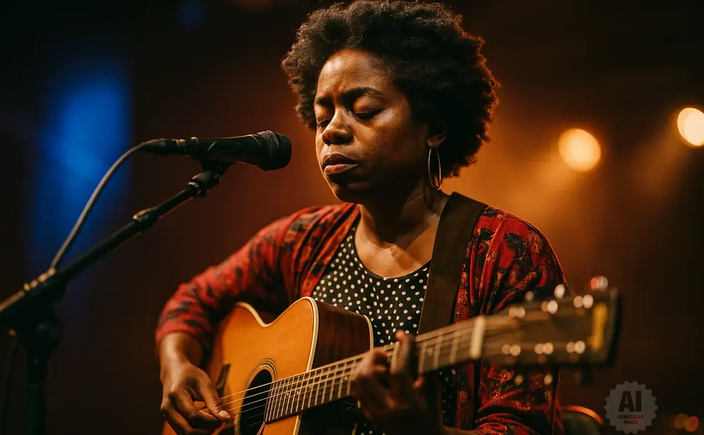 Woman with afro playing an acoustic guitar and singing into a microphone.