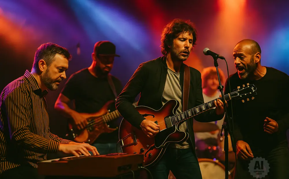 A band performs on stage with a keyboardist, two guitarists, and a singer under colorful stage lights.