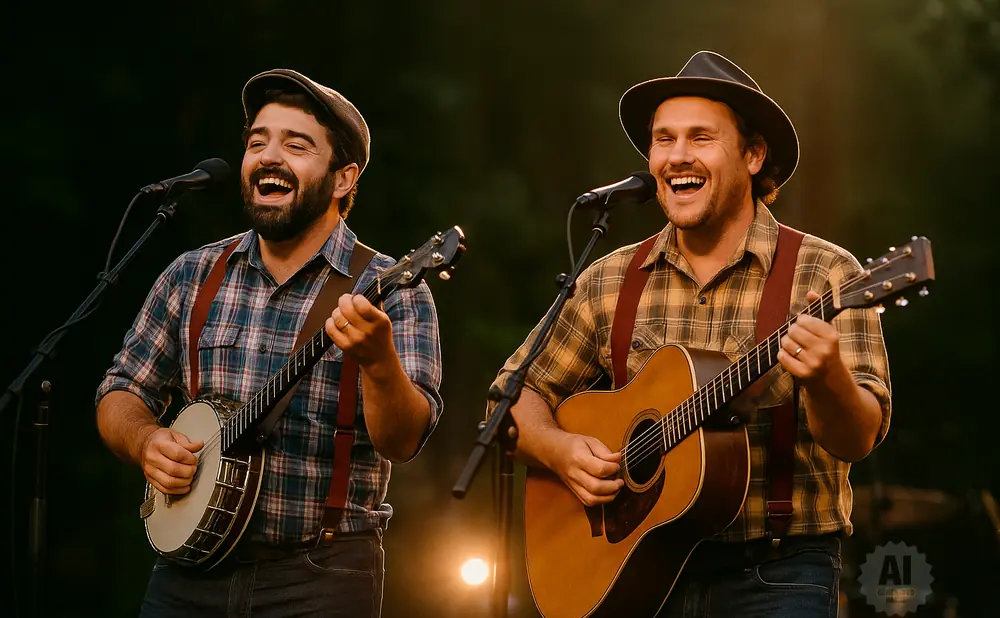 Two men in plaid shirts and suspenders play banjo and guitar, singing into microphones outdoors.