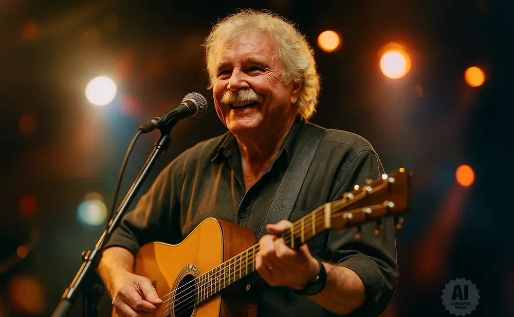 A man with grey hair and a mustache plays an acoustic guitar and sings into a microphone on stage.