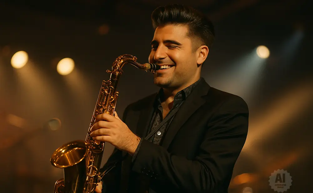 Man in a suit playing a saxophone with a joyful expression, illuminated by stage lights.