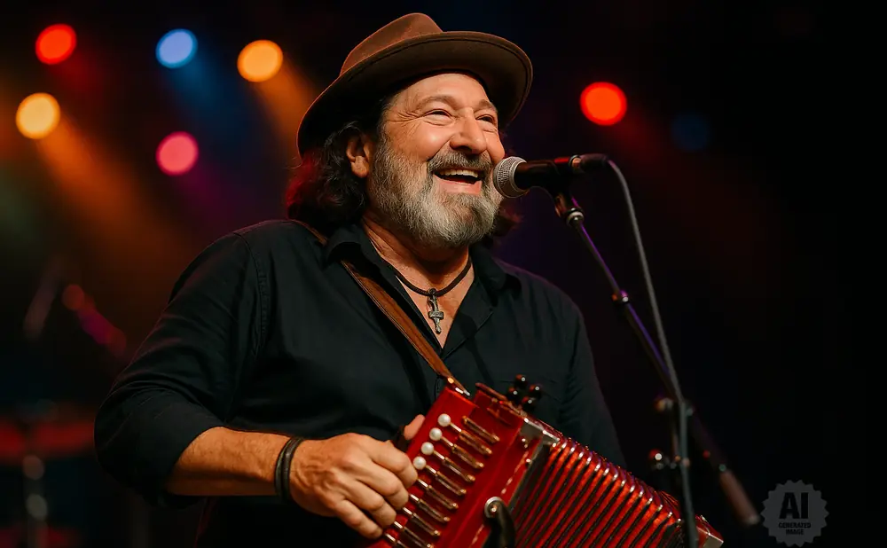 A man in a hat and black shirt plays a red accordion, smiling into a microphone on a stage with colorful lights.